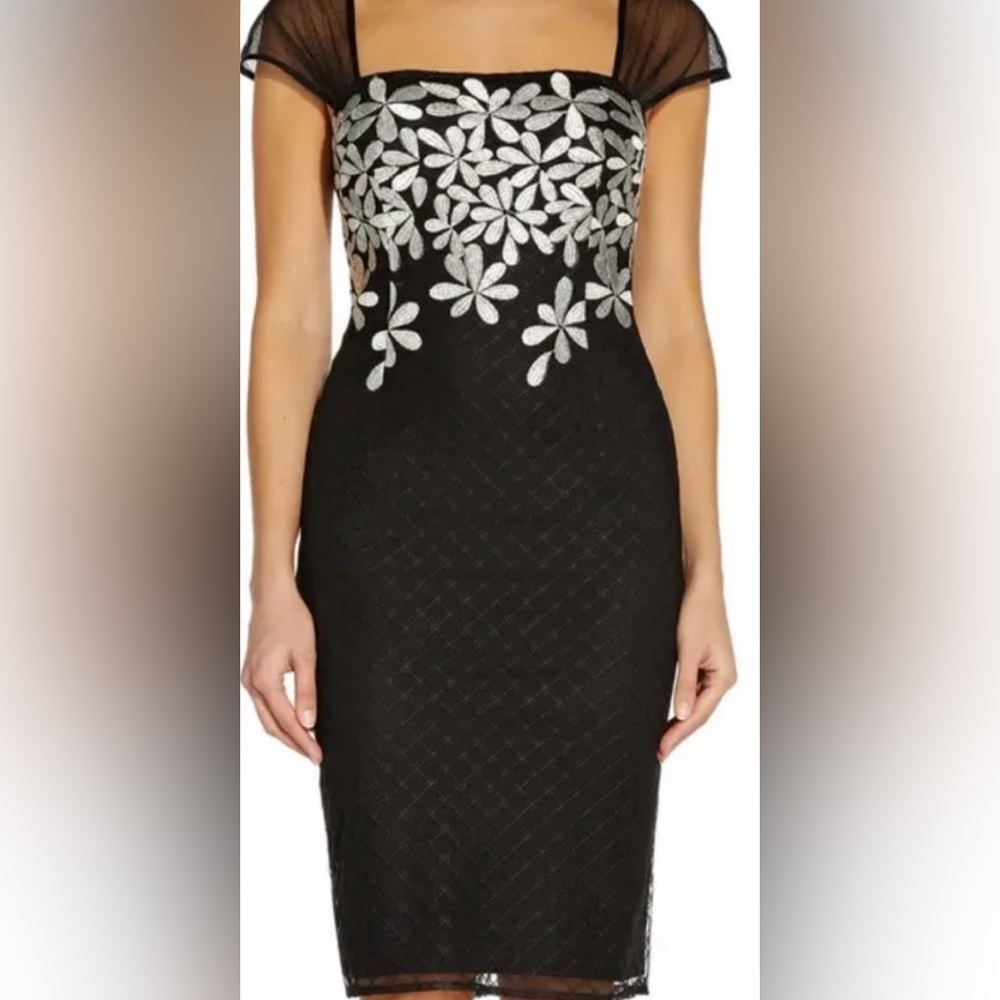 Adrianna Papell Elegant Black Special Occasion Dress with embroidered flowers